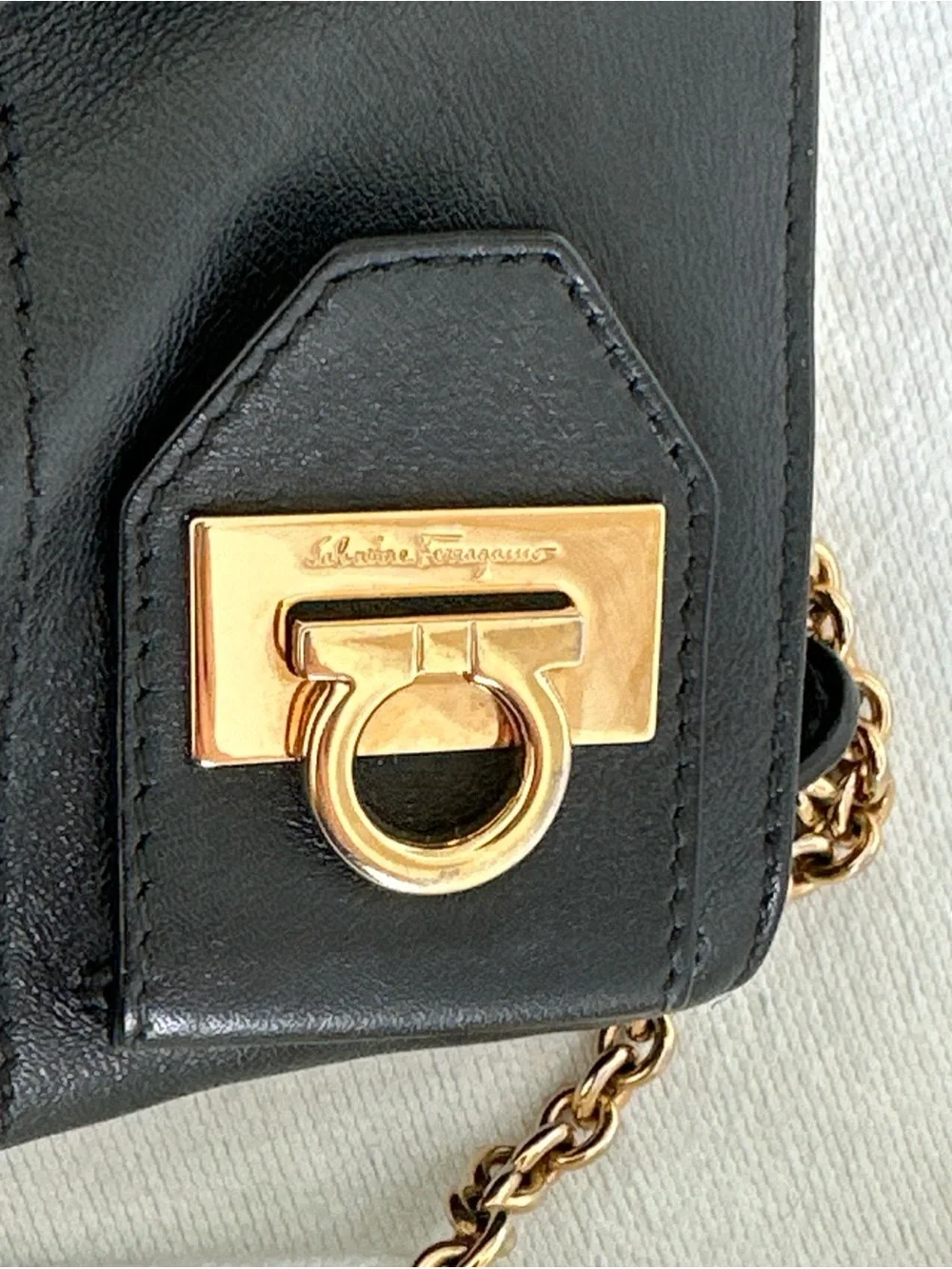 Salvatore Ferragamo Black Leather Shoulder Bag with Gold Chain and Hardware